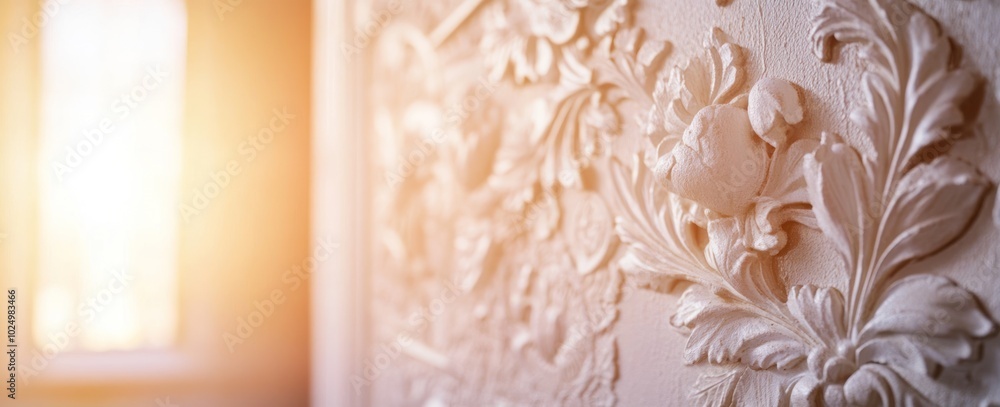 Sticker Intricate wall relief with soft sunlight filtering through a window.