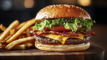Delicious burger with bacon, cheese, and lettuce on a wooden board