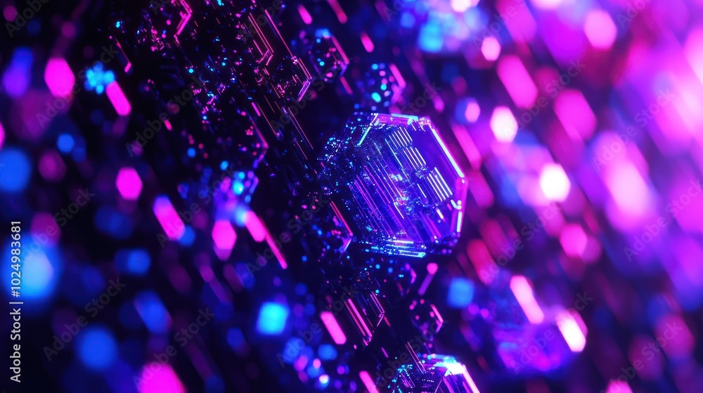 Poster a vibrant abstract representation of digital technology with glowing hexagonal patterns.