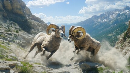 Two rams clash in a dramatic mountain landscape, showcasing nature's raw power.