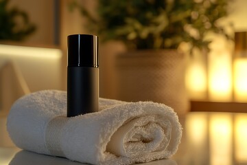 A sleek black bottle rests on a rolled white towel, with a softly lit background featuring green plants for a calming ambiance.