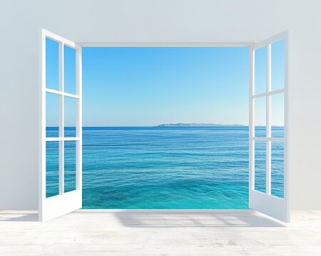 Fototapeta A beautiful ocean view from an open window, showcasing the calm sea and clear blue sky. Perfect for evoking feelings of tranquility and escape in any space.