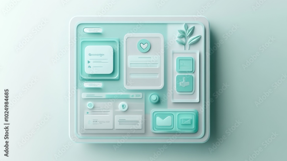 Aufkleber a minimalistic digital interface design featuring various app elements and a plant motif.
