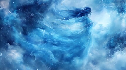 Ethereal figure in blue flowing dress amidst cosmic clouds