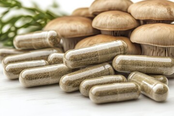Lingzhi mushroom, Herb capsule , isolated on white background,  , copy space for text,