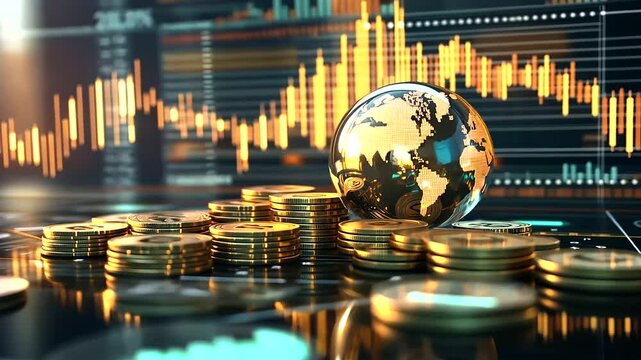 A golden globe sits on top of tall coins, with a dynamic backdrop of arrows, bar graphs, and digital currencies representing global wealth expansion