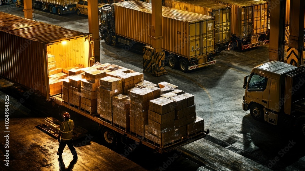 Poster Nighttime loading dock with containers and stacked boxes being unloaded.