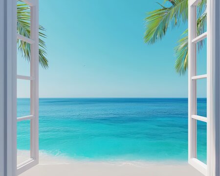 Fototapeta A stunning view of a tranquil beach with palm trees seen through an open window. The bright blue ocean and clear sky invite relaxation and adventure, creating the perfect getaway scene.