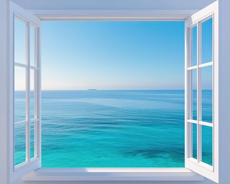 Fototapeta Experience a serene seaside view through an open window, showcasing calm blue waters and a clear sky, perfect for relaxation and escape.