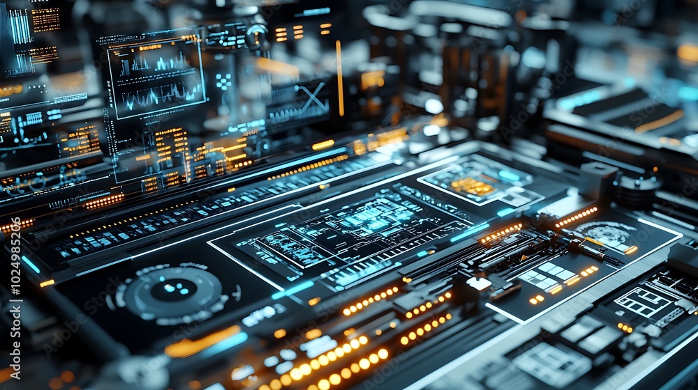 Poster futuristic circuit board with glowing elements and intricate designs.