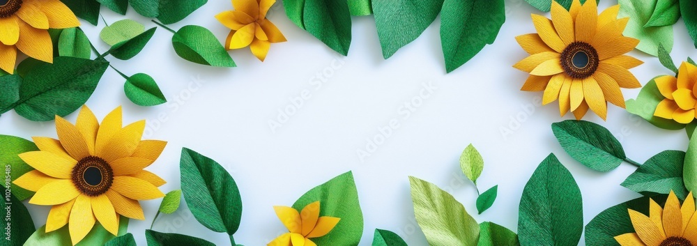 Sticker A vibrant arrangement of paper sunflowers and green leaves framing a blank space.