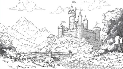 Coloring page of Enchanting Castle on a Hill with Drawbridge
