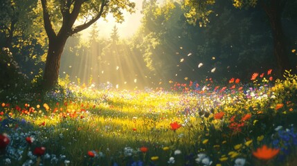 Fototapeta premium Vibrant summer meadow filled with colorful wildflowers dancing in the warm breeze under bright sunlight