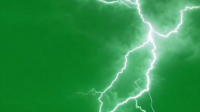Vibrant green storm sky with dramatic lightning bolts on the green screen, the chromakey