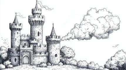 Obraz premium Coloring page of Brave Knight in a Fantastical Castle Scene