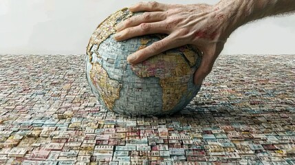 A giant hand pushing down on a globe made of money