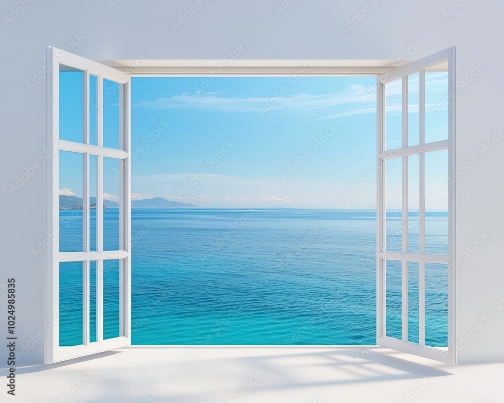 Wall mural a bright and airy image of an open window showcasing a stunning seaside view. the tranquil blue ocea