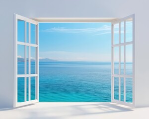 A bright and airy image of an open window showcasing a stunning seaside view. The tranquil blue ocean and clear sky create a perfect escape into nature.