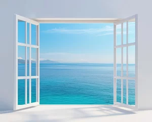 A bright and airy image of an open window showcasing a stunning seaside view. The tranquil blue ocean and clear sky create a perfect escape into nature.