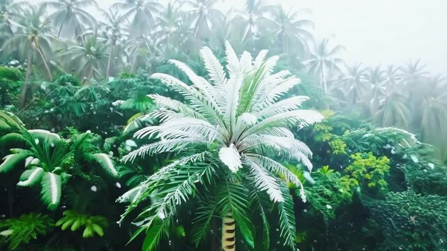 Lush tropical fern tree amidst misty jungle background in snow