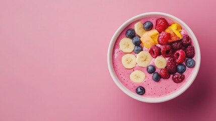 Refreshing Fruit Smoothie Bowl on Pastel Pink Background