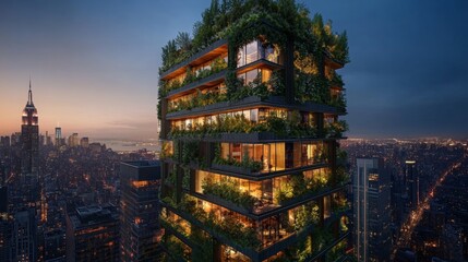 Obraz premium Urban skyscraper adorned with a lush vertical garden, blending nature with modern architecture in a vibrant cityscape.