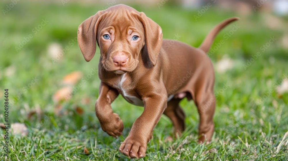 Sticker A playful puppy running on grass, showcasing its adorable features and lively spirit.