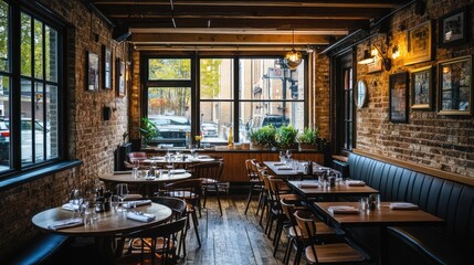 Cozy restaurant interior with wooden decor and large windows, creating a warm atmosphere.