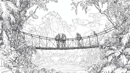 Obraz premium Coloring page of Jungle Expedition with Explorers Crossing a Rope Bridge