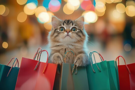 Brown and white cat sits on green shopping bag with red bow. Cat paws rest on bag. Curious expression, gazing directly at camera. Blurred shopping mall background, colorful lights, figures.