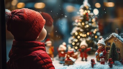 Naklejka premium Child observing a festive holiday display through a store window. AI generated illustration.