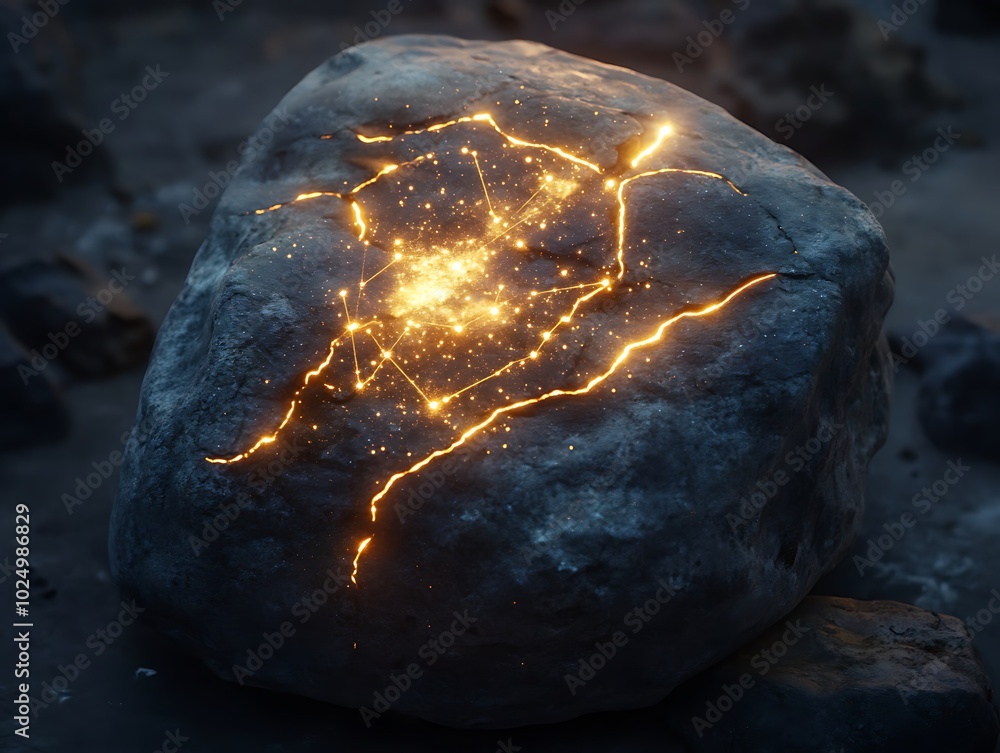 Poster glowing rock with sparkles, white isolate background