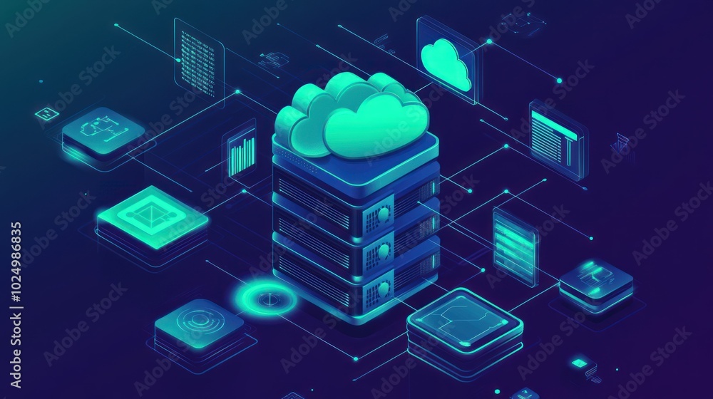 Poster digital cloud storage concept with servers and data icons in a futuristic design.