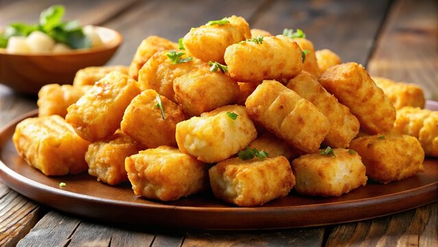 Breakfast concept with a long shot of a hashbrown served with tator tot soldiers