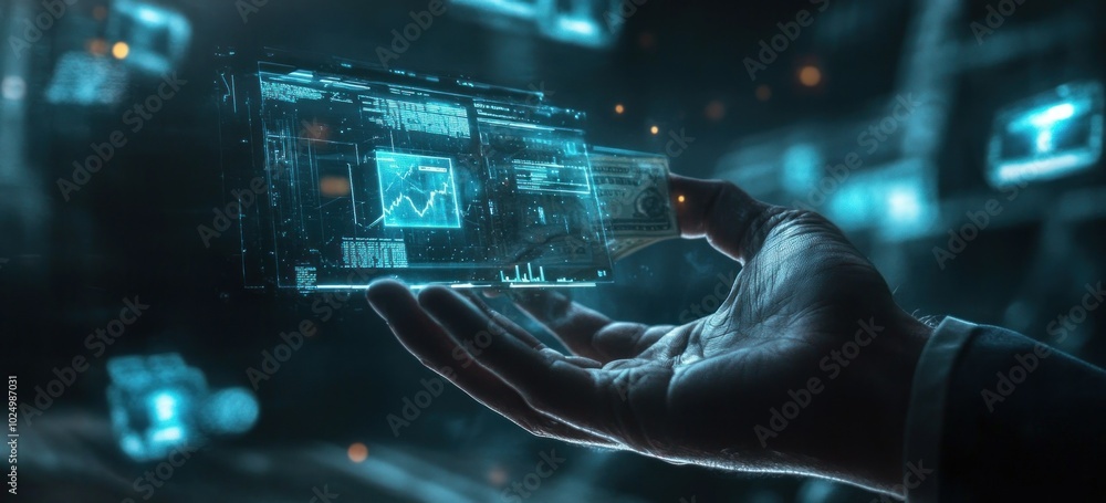 Poster a futuristic hand holding a holographic display with data visualizations.