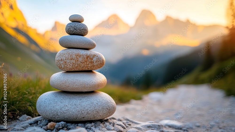 Poster A stack of smooth stones balanced on a path with a scenic mountain backdrop at sunset.