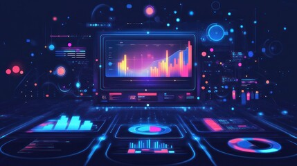 Digital dashboard displaying colorful data visualizations and analytics.