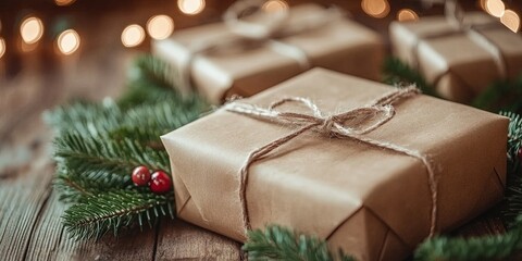 eco-friendly hand made box packaging on wooden table, eco Christmas holiday concept