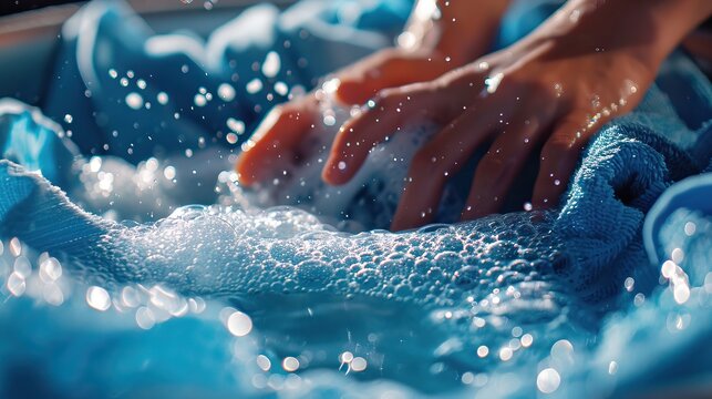 Close-up of hands washing clothes with soap and water, bubbles sparkling in the sunlight