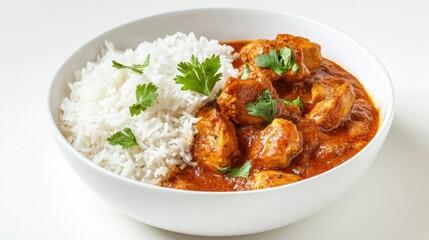 Delicious chicken curry paired with fragrant rice, isolated on a white background, capturing the essence of traditional Indian cuisine