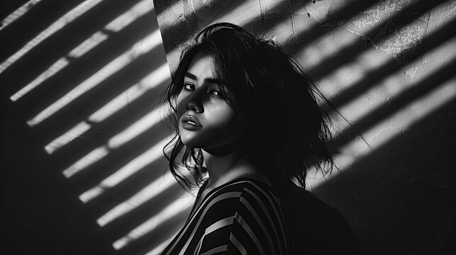 Dramatic monochrome portrait of a young woman with striking light and shadow patterns on her face