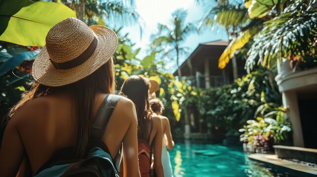 A diverse group from Indonesia, Malaysia, and Singapore checking into a luxurious eco-friendly hotel in a tropical setting, reflecting sustainable tourism