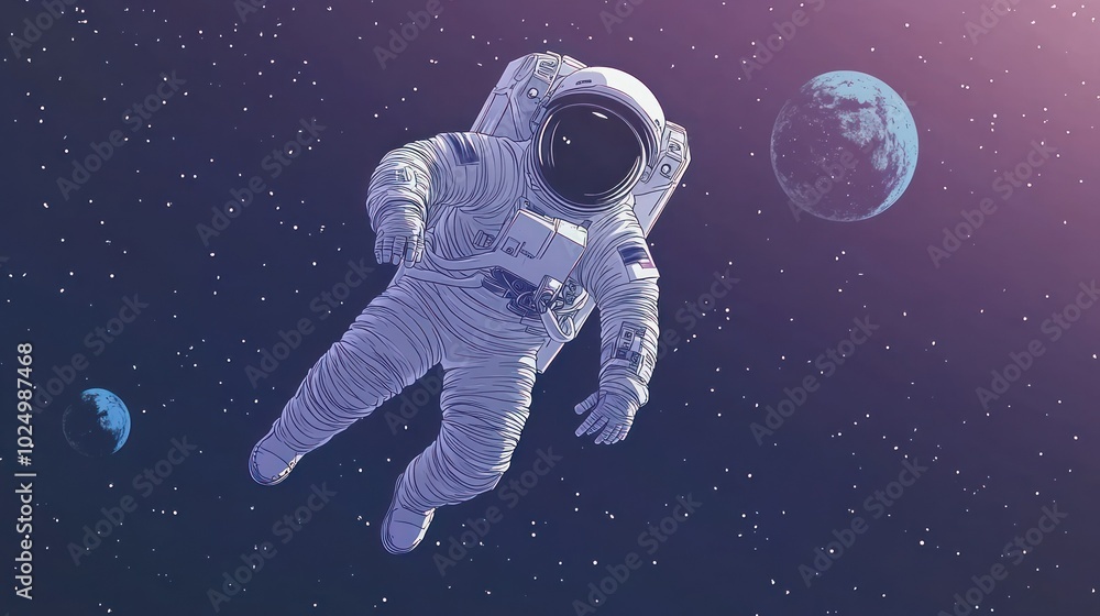 Poster an astronaut floats in space surrounded by planets, illustrating exploration and adventure.