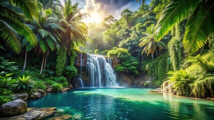 Tropical jungle with majestic waterfall and refreshing pool Close-Up