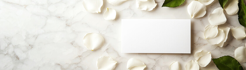 Blank card surrounded by rose petals and green leaves on a marble surface, perfect for invitations or greetings.