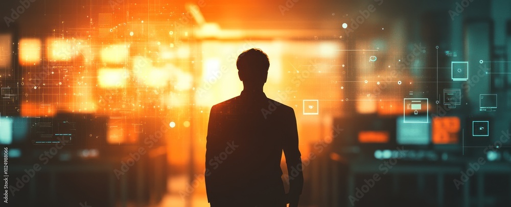 Aufkleber a silhouette of a person in a tech-inspired environment with glowing data visuals.