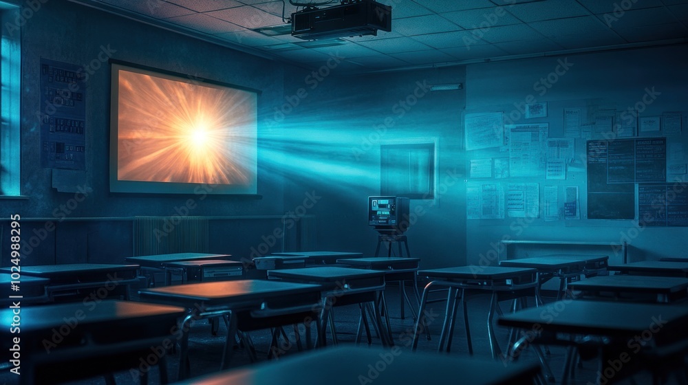 Poster a dimly lit classroom with a projector displaying a bright light on a screen.