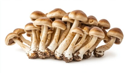 Fototapeta premium Edible Shimeji mushrooms with brown caps, isolated on a clean white background, showcasing their unique shape and texture