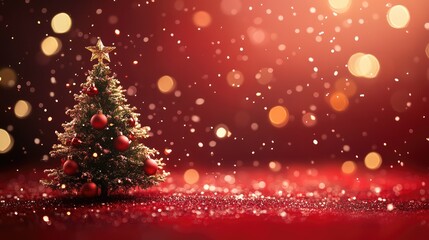 Christmas background with Xmas tree and sparkle bokeh lights. AI generated illustration.