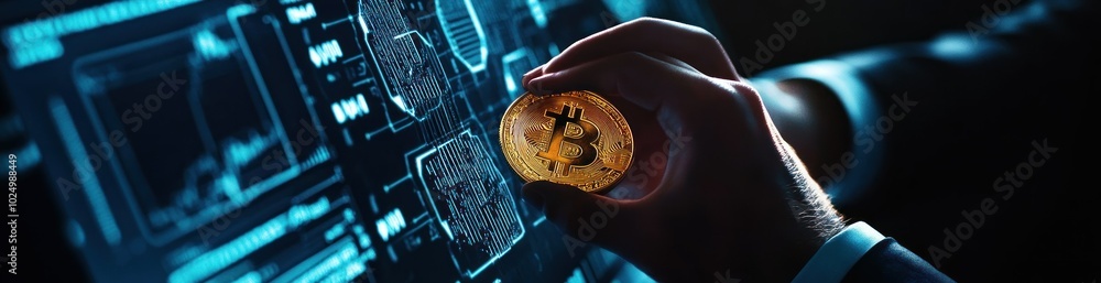 Aufkleber a hand holding a bitcoin in front of a digital display of cryptocurrency data.